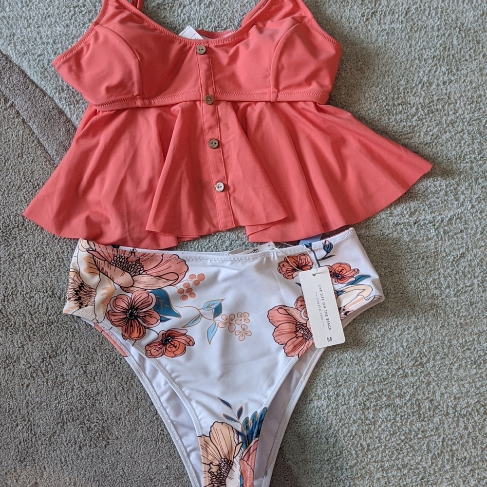 Pink and floral ruffle takini